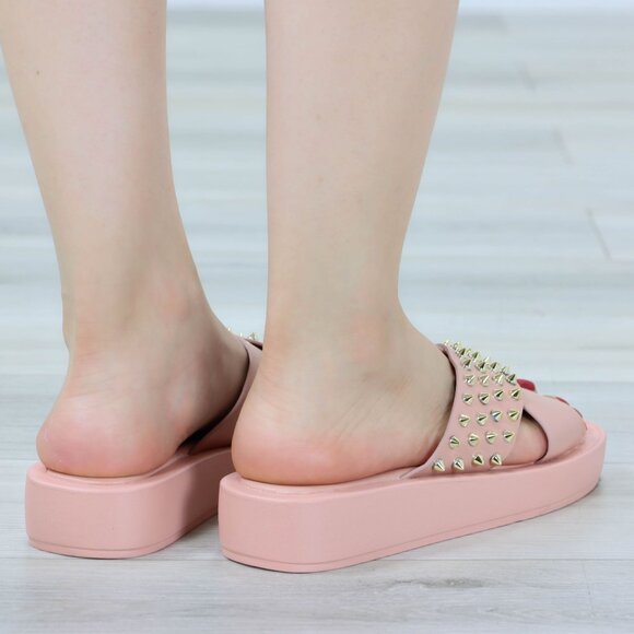 Pink Flat Sliders Sandals Slip On Faux Leather Gold Metal Stud Cross Over - Picture 5 of 14